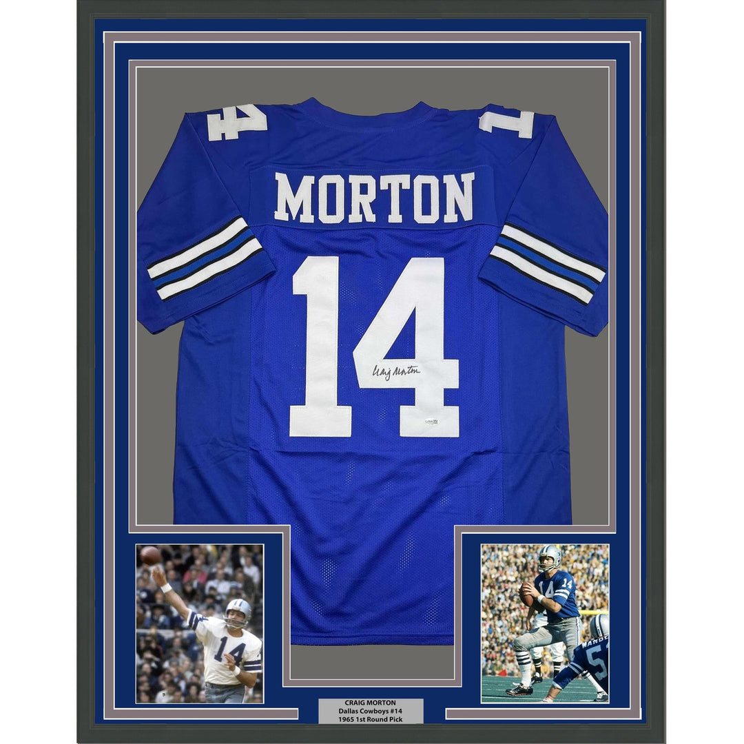 Framed Autographed/Signed Craig Morton 35x39 Dallas Blue Jersey JSA COA