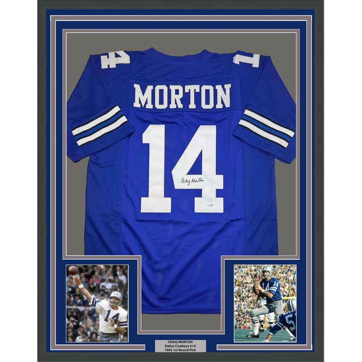 Framed Autographed/Signed Craig Morton 35x39 Dallas Blue Jersey JSA COA