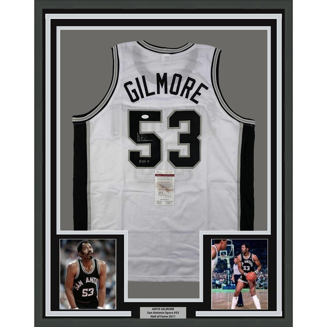 Framed Autographed/Signed Artis Gilmore 35x39 San Antonio White Jersey JSA COA