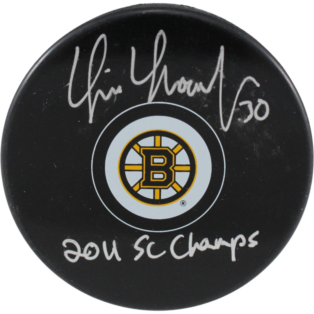 Tim Thomas Autographed Boston Bruins Logo Puck 2011 SC Champs Beckett 53952