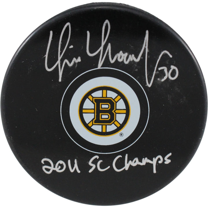Tim Thomas Autographed Boston Bruins Logo Puck 2011 SC Champs Beckett 53952