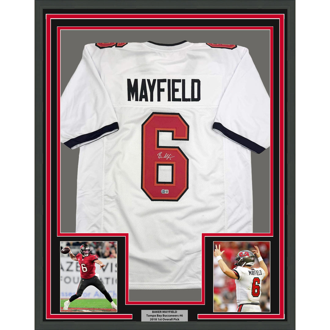 Framed Autographed/Signed Baker Mayfield 35x39 Tampa Bay White Jersey BAS COA