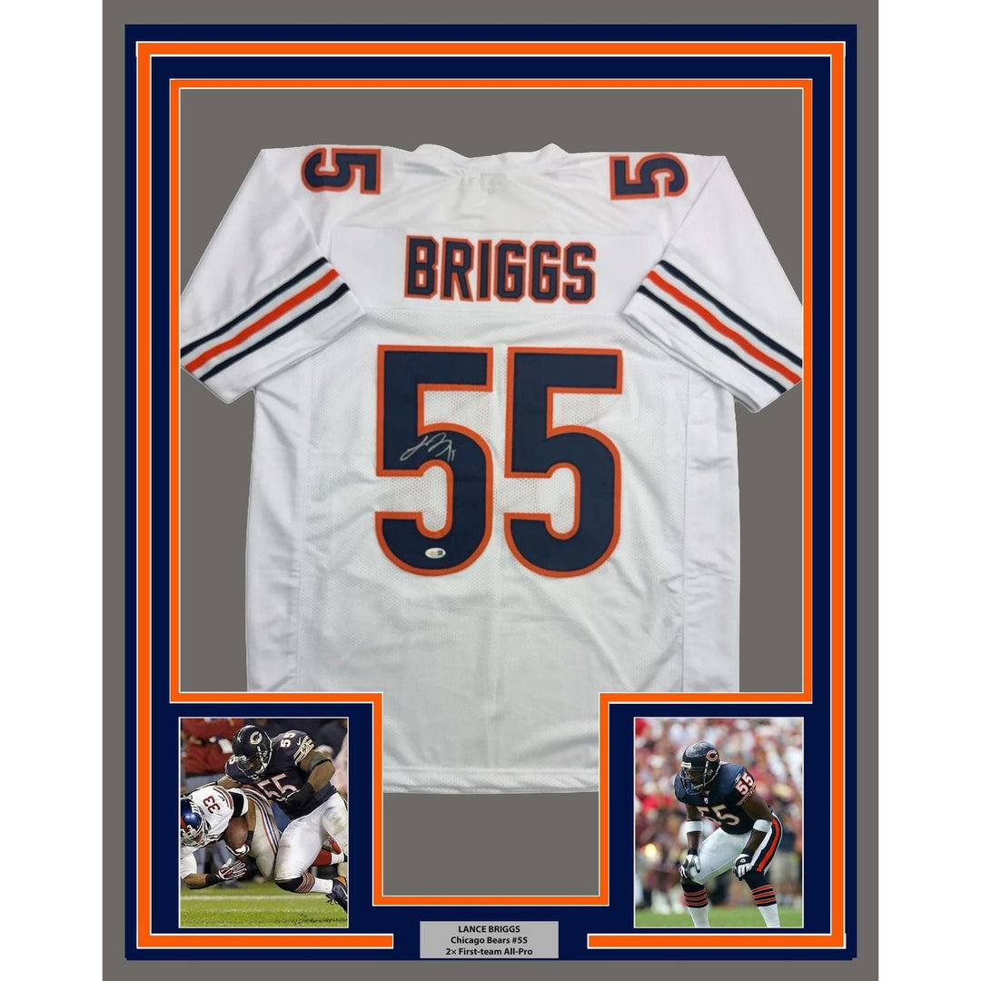 Framed Autographed/Signed Lance Briggs 35x39 Chicago White Jersey JSA COA