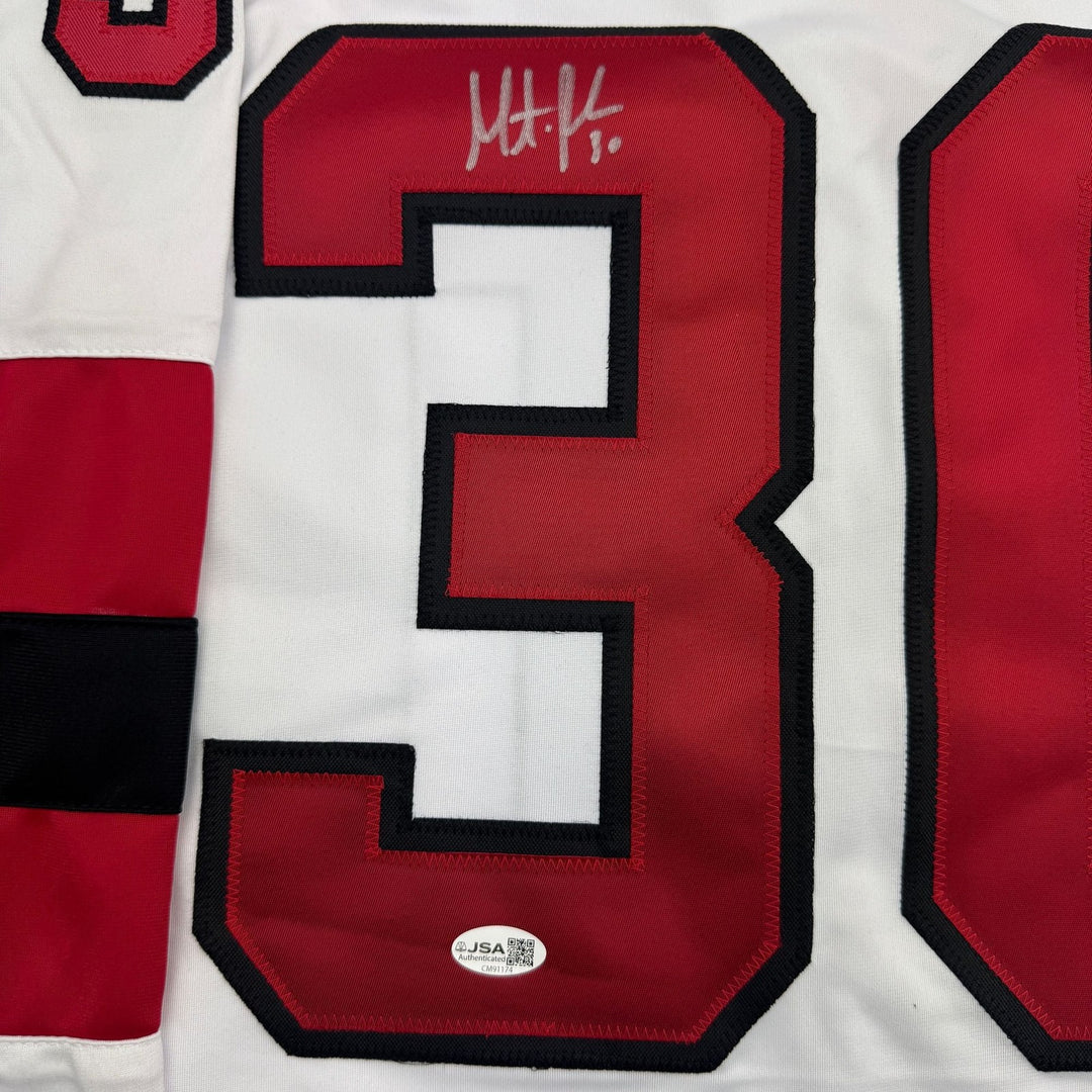 Autographed/Signed Martin Brodeur New Jersey NJ White Hockey Jersey BAS COA