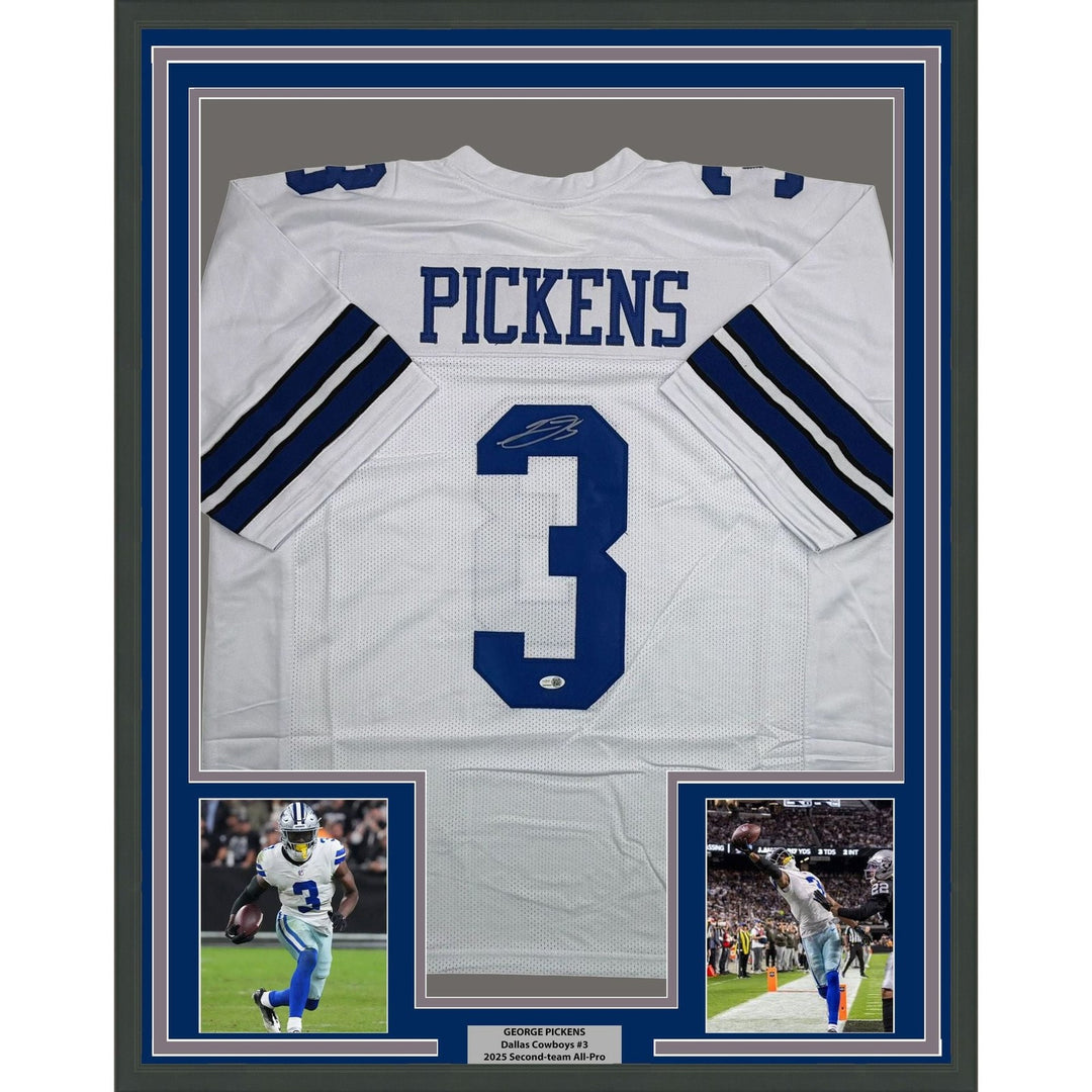 Framed Autographed/Signed George Pickens 35x39 Dallas White Jersey JSA COA