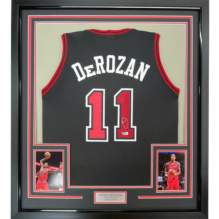 Framed Autographed/Signed DeMar DeRozan 33x42 Chicago Black Jersey BAS COA