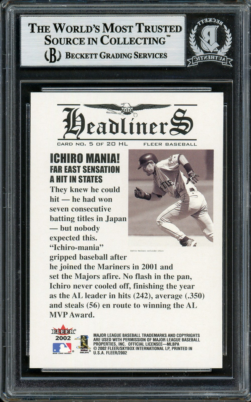 Ichiro Suzuki Signed 2002 Fleer Headliners Card 5 Seattle Mariners Beckett