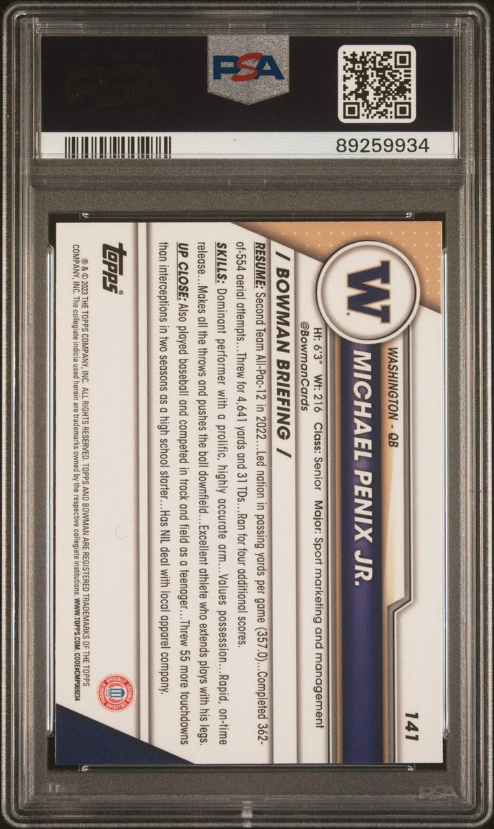 Graded 2023 Topps Bowman U Sapphire Michael Penix Jr. #141 Football Card PSA 10
