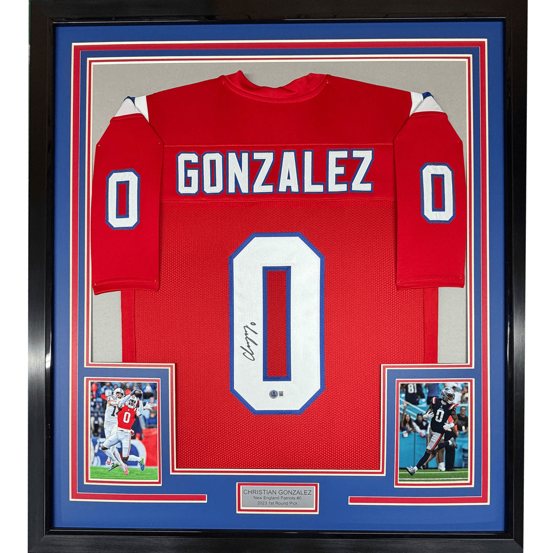 Framed Autographed/Signed Christian Gonzalez 35x39 NE Red Jersey BAS COA