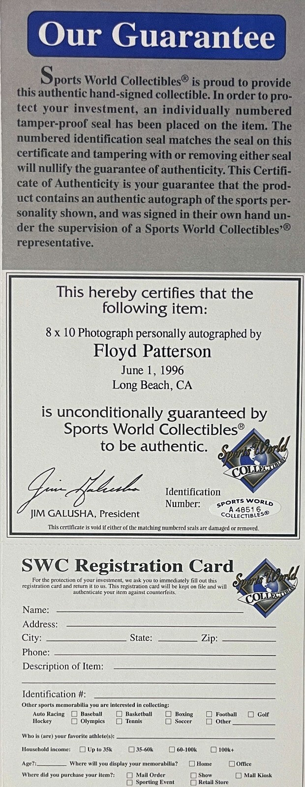 Floyd Patterson signed Boxing 8x10 Photo- Sports World Collectibles  Holo & COA