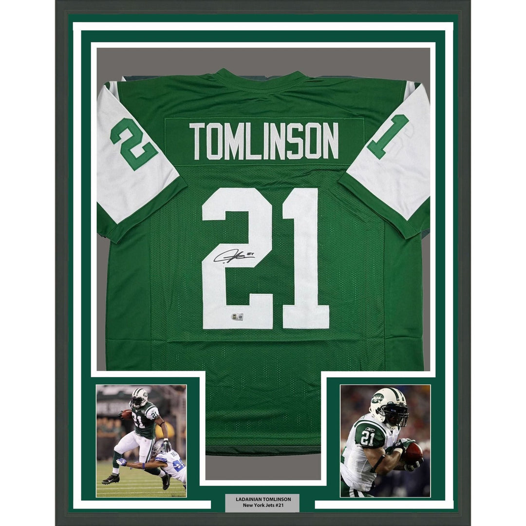 Framed Autographed/Signed LaDainian Tomlinson 35x39 NY Green Jersey BAS COA