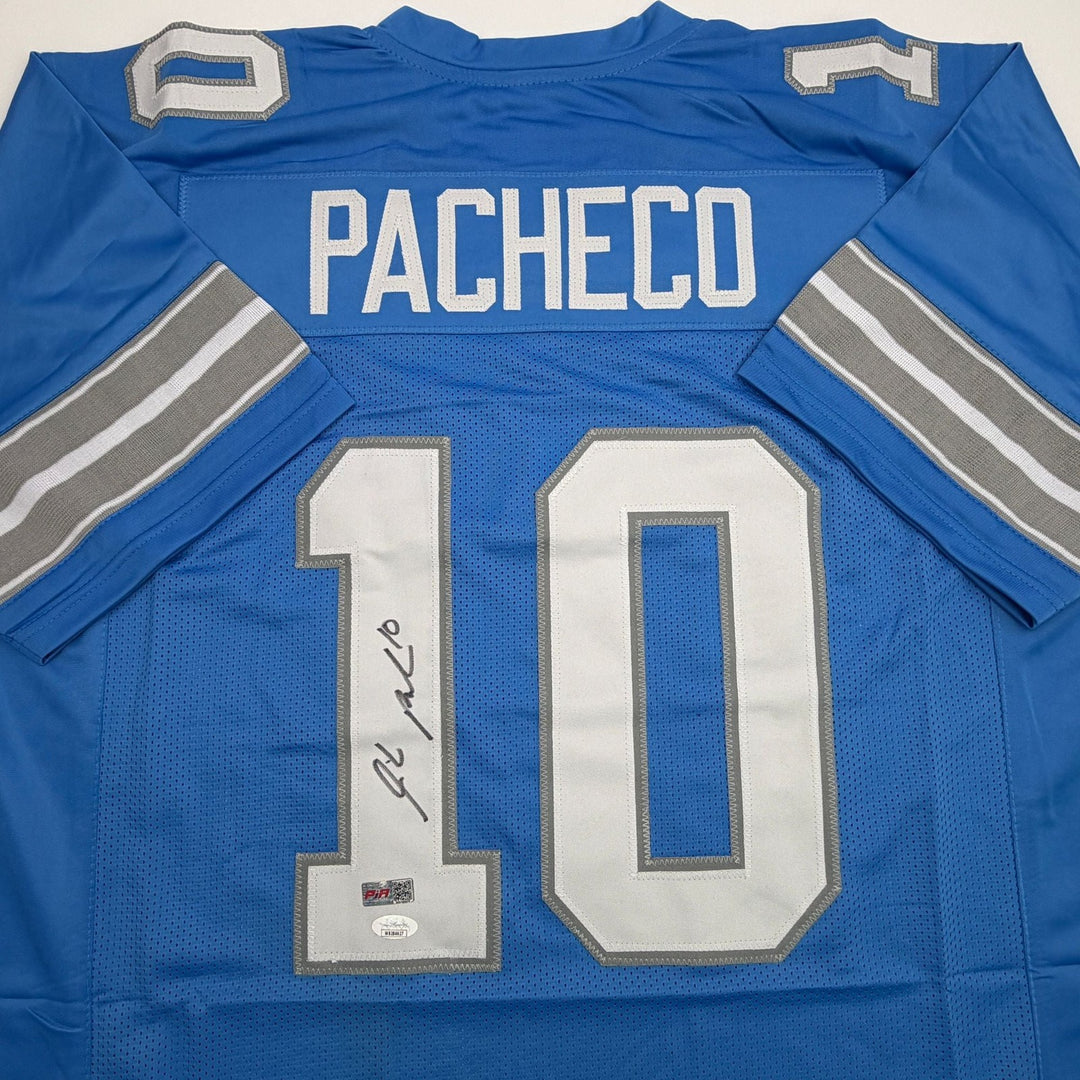 Autographed/Signed Isiah Pacheco Detroit Blue Football Jersey JSA COA
