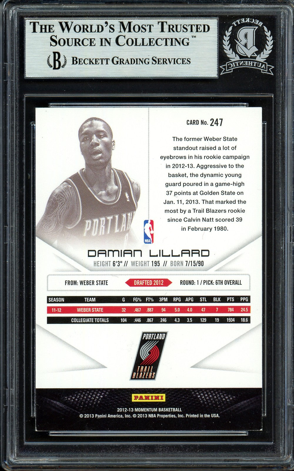 Damian Lillard Auto Signed 2012-13 Panini Momentum RC 247 Trail Blazers Beckett