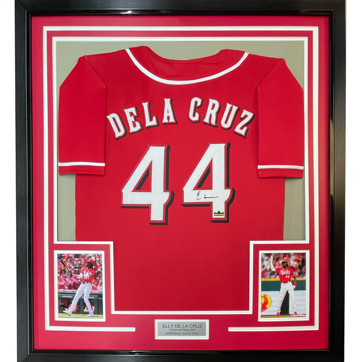 Framed Facsimile Autographed Elly De La Cruz 33x42 Red Reprint Laser Auto Jersey