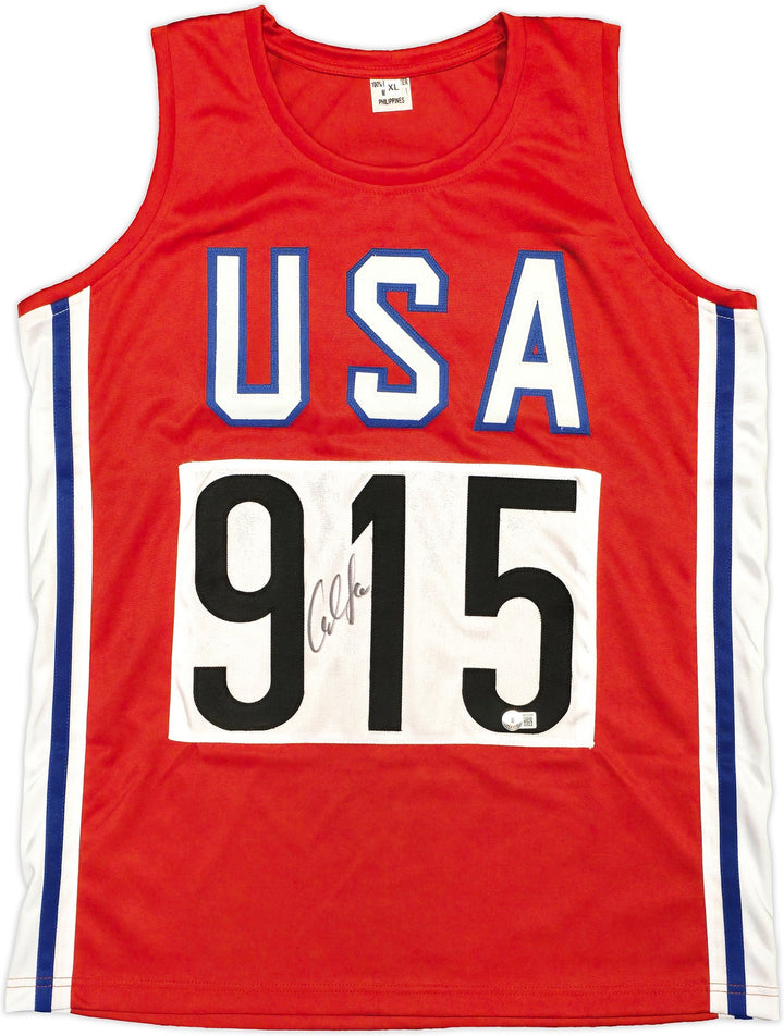 Team USA Carl Lewis Signed Red, White and Blue Jersey Beckett Witness
