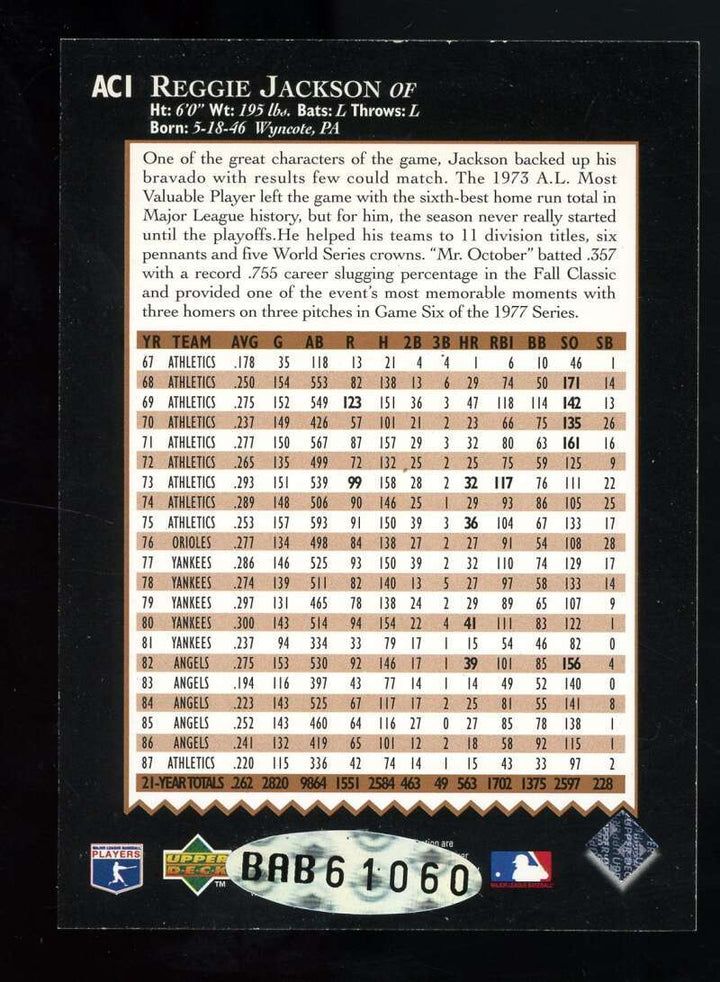 Reggie Jackson Upper Deck Coa Signed 1995 Upper Deck Autograph