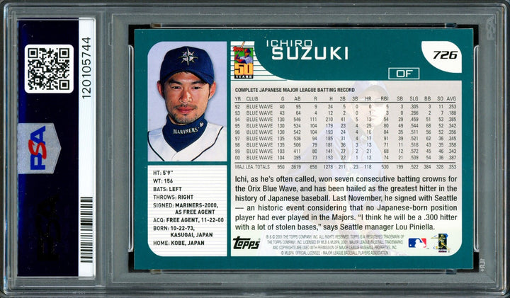 Ichiro Suzuki Auto 2001 Topps Advantage RC 726 Mariners PSA 7 Auto GM 10 PSA/DNA