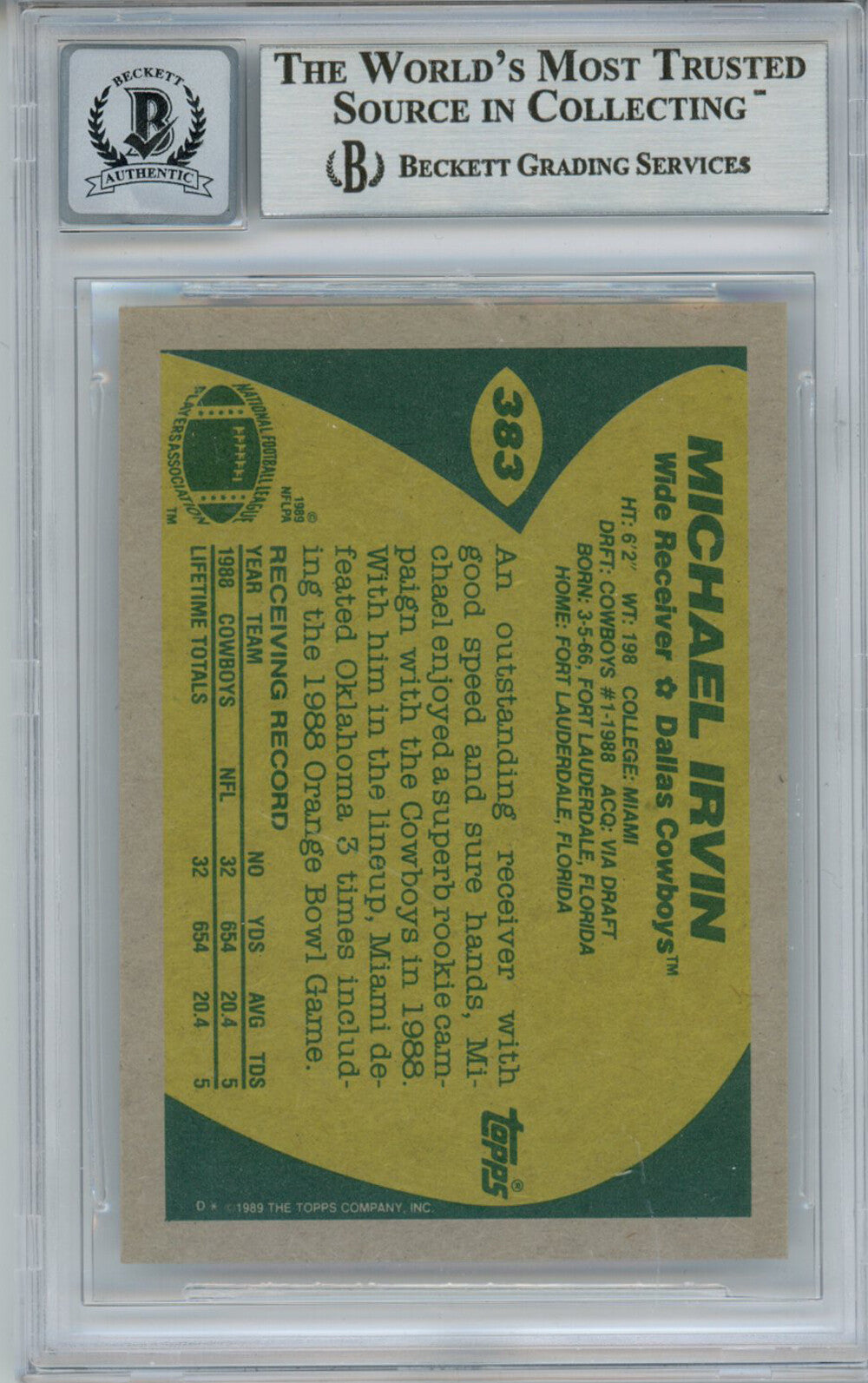 Michael Irvin Autographed 1989 Topps #383 Trading Card BAS 10 Slab 32745