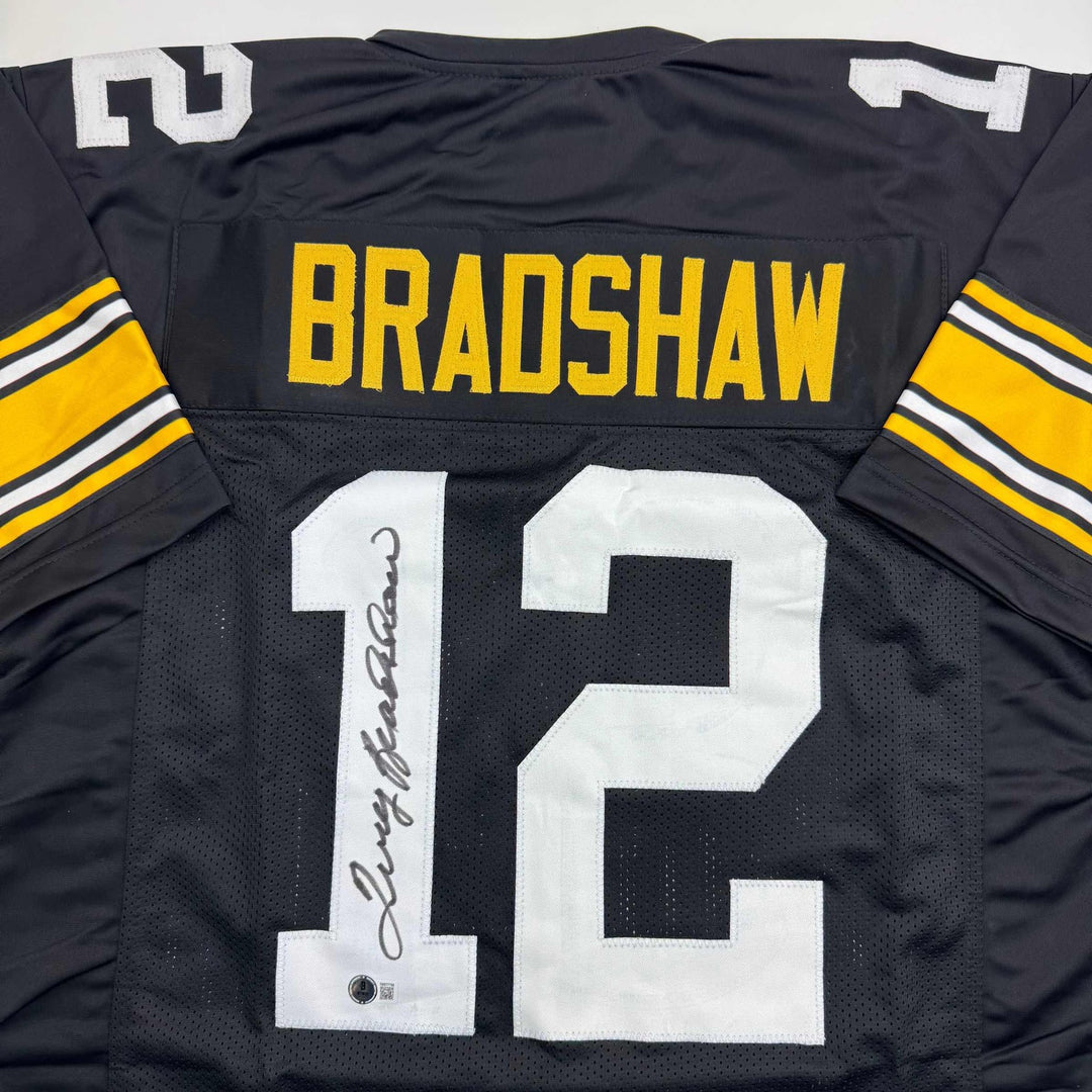 Autographed/Signed Terry Bradshaw Pittsburgh Black Football Jersey Beckett COA