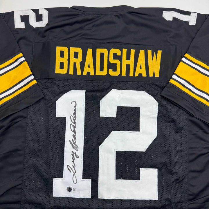 Autographed/Signed Terry Bradshaw Pittsburgh Black Football Jersey Beckett COA