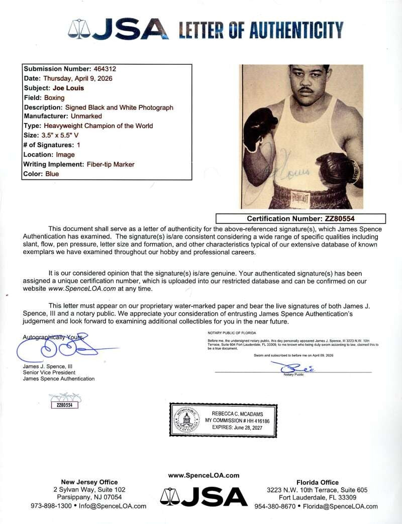 Joe Louis JSA Loa Signed 3x5 Photo Boxing Autograph