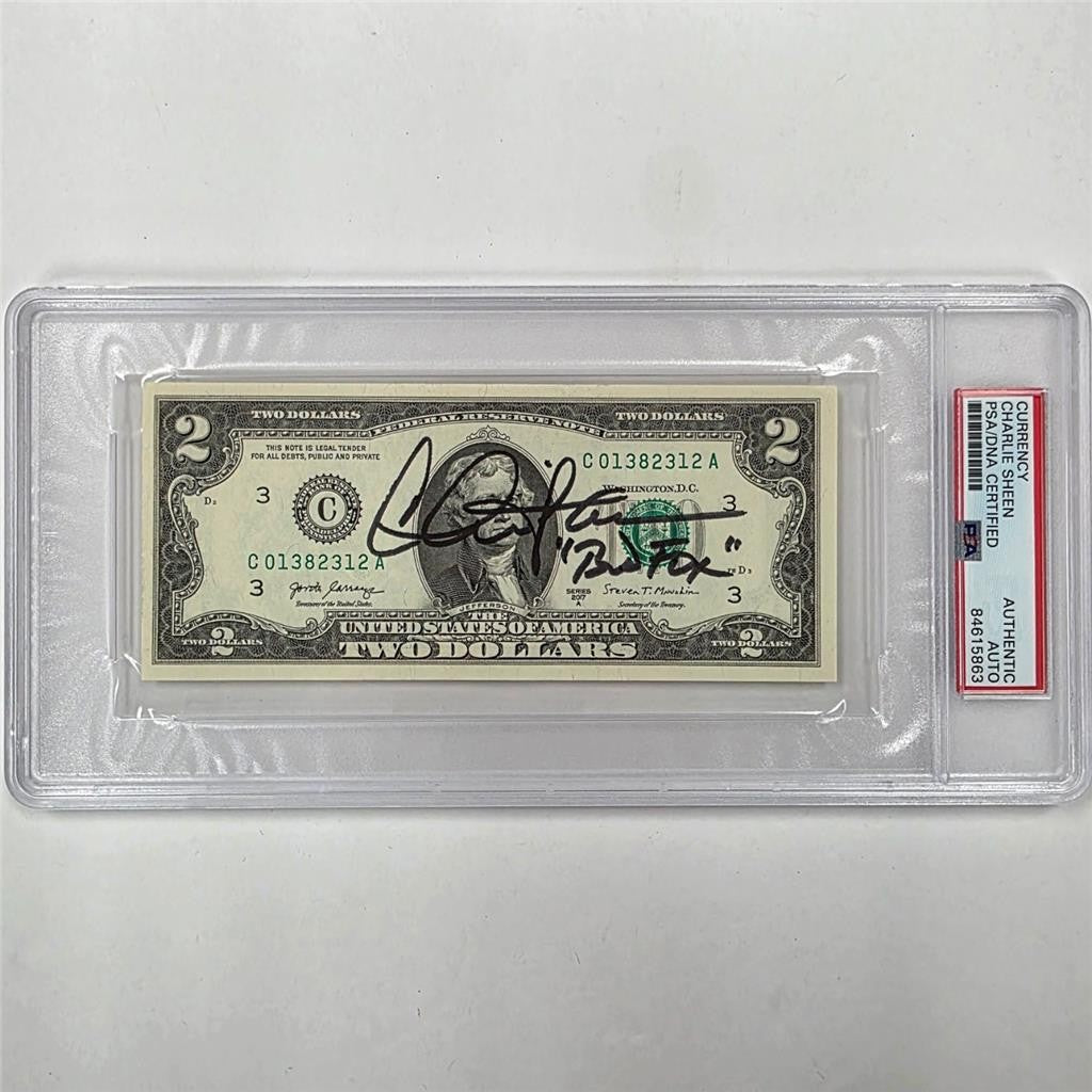 Charlie Sheen signed $2 Dollar Bill Wall Street "Bud Fox" autograph PSA/DNA