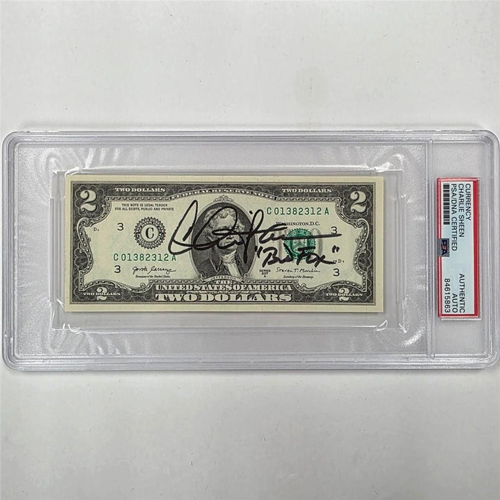 Charlie Sheen signed $2 Dollar Bill Wall Street "Bud Fox" autograph PSA/DNA