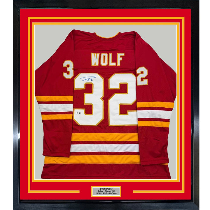 Framed Autographed/Signed Dustin Wolf 35x39 Calgary Red Jersey Beckett COA