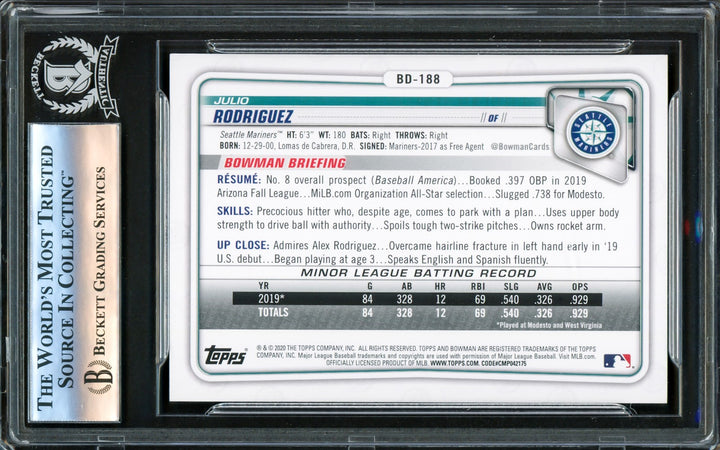 Julio Rodriguez Signed 2020 Bowman Draft RC BD188 Seattle Mariners Beckett