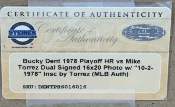 Bucky Dent Mike Torrez Signed 16x20 Framed HR Photo 10/2/78 ins Auto Steiner MLB