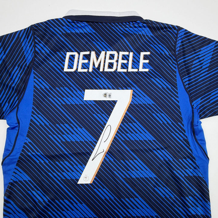 Autographed/Signed Ousmane Dembele France Blue Jersey Beckett BAS COA