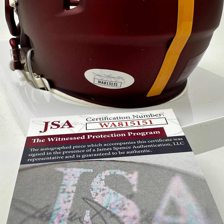 Autographed/Signed Joe Theismann INSC Commanders Mini Helmet JSA COA