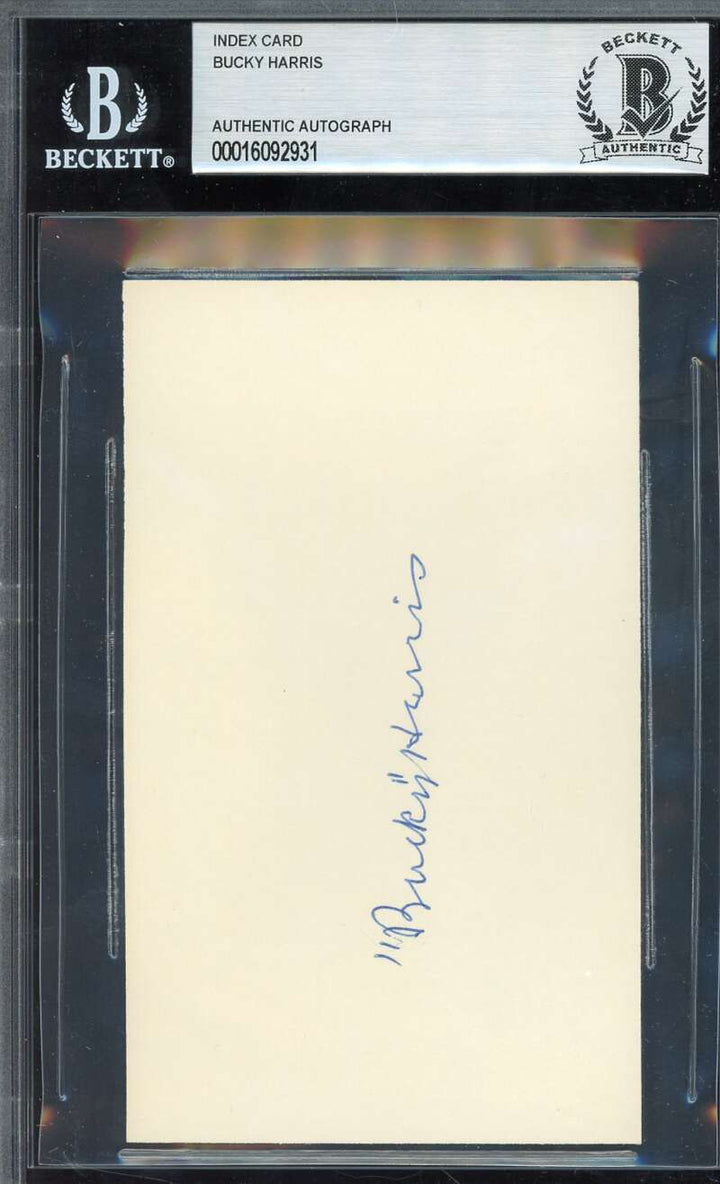 Bucky Harris Beckett BAS Signed 3x5 Index Card Autographed