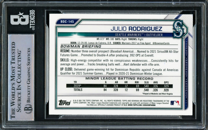 Julio Rodriguez Autographed 2021 Bowman Chrome Draft Card Beckett 16545720