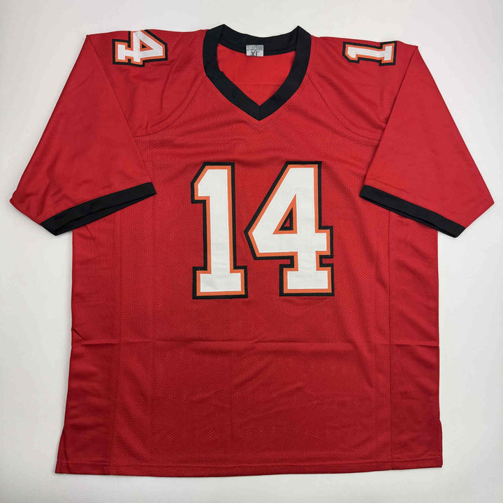 Autographed/Signed Brad Johnson Tampa Bay Red Football Jersey Beckett BAS COA