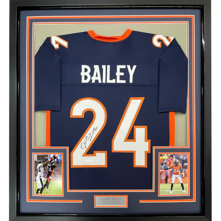 Framed Autographed/Signed Champ Bailey 35x39 Denver Blue Jersey JSA COA