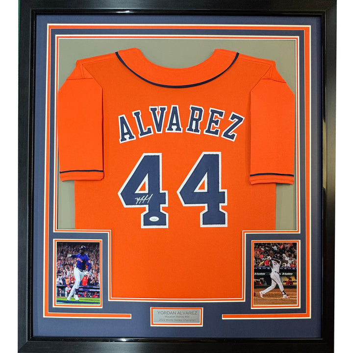 Framed Autographed/Signed Yordan Alvarez 35x39 Houston Orange Jersey JSA COA