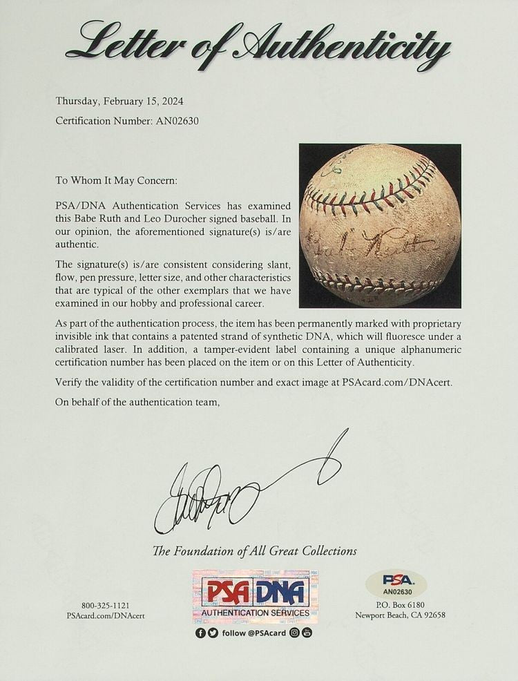 Babe Ruth & Durocher Signed Game Used 1928 Ruth Home Run Baseball PSA+BAS LOA