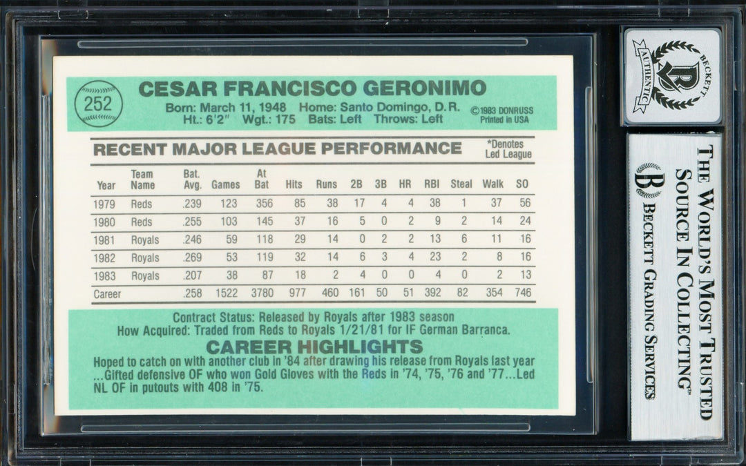 Cesar Geronimo Signed 1984 Donruss Card 252 Royals Auto GM 10 Beckett #18629876