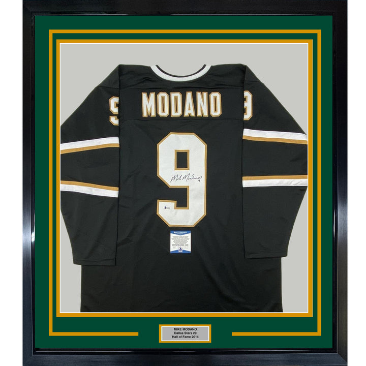FRAMED Autographed/Signed MIKE MODANO 33x42 Dallas Black Jersey BAS COA