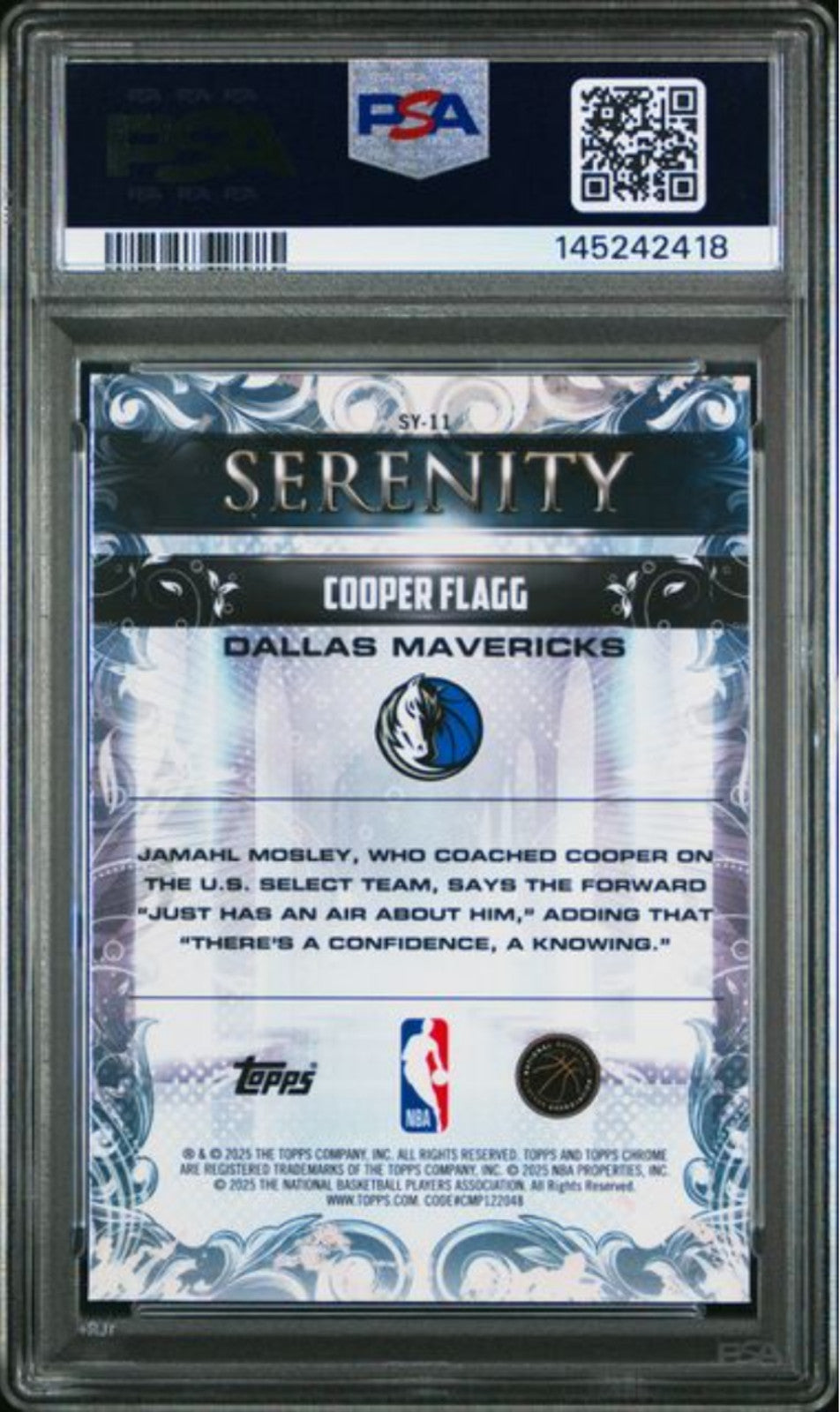 Graded 2025 Topps Chrome Cooper Flagg #SY11 Serenity RC Basketball Card PSA 10