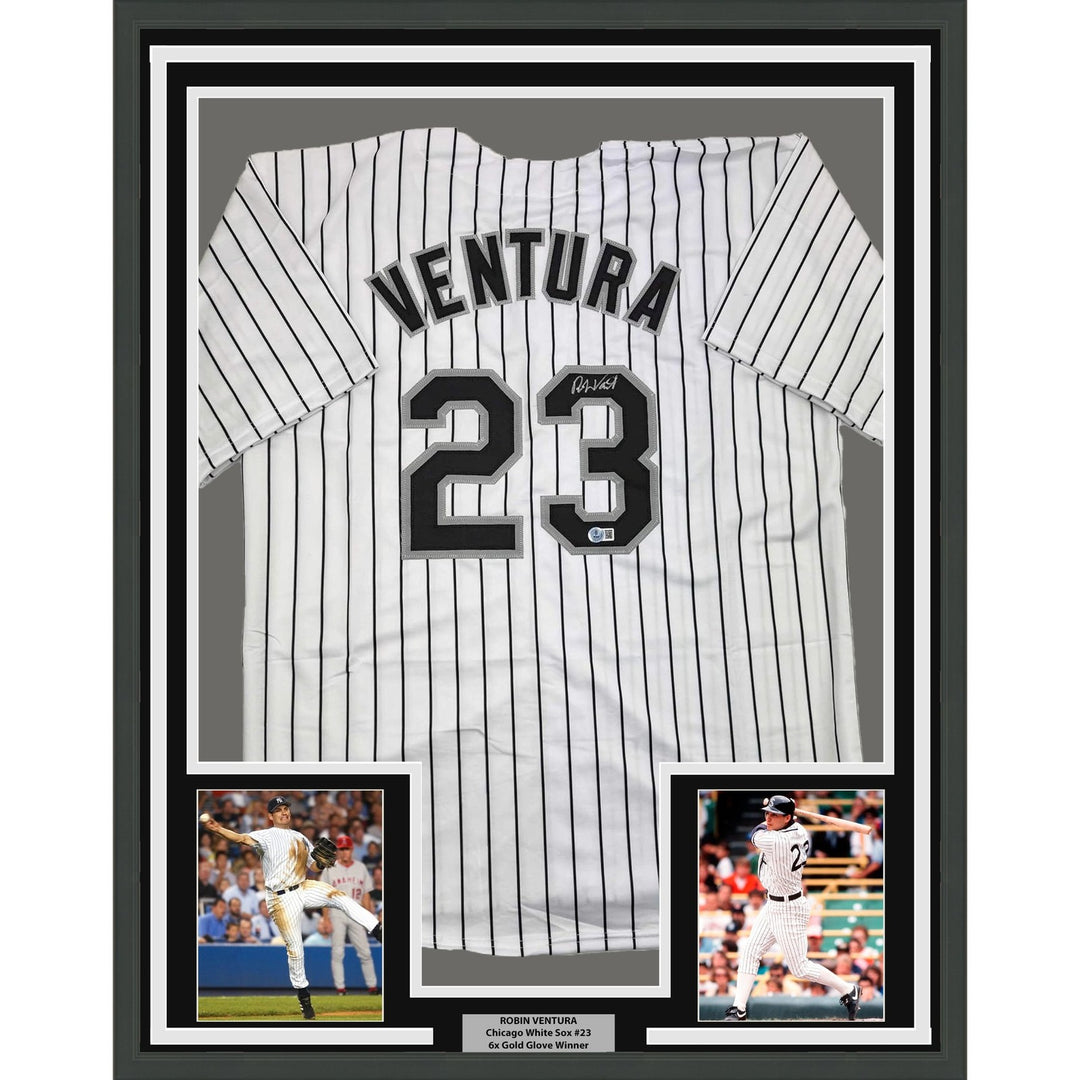 Framed Autographed/Signed Robin Ventura 35x39 Chicago Pinstripe Jersey COA