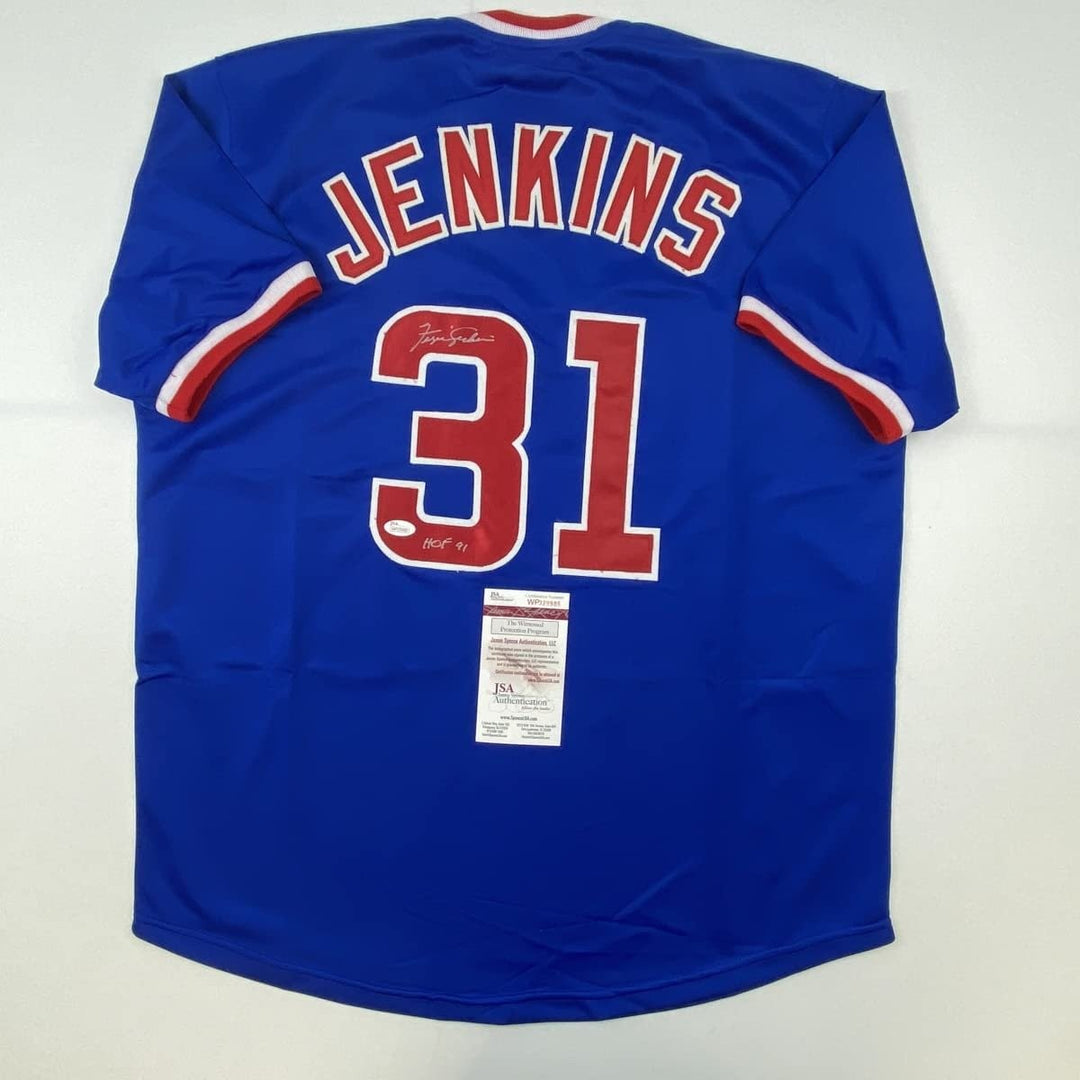 Autographed/Signed FERGIE JENKINS HOF 91 Chicago Blue Jersey JSA COA