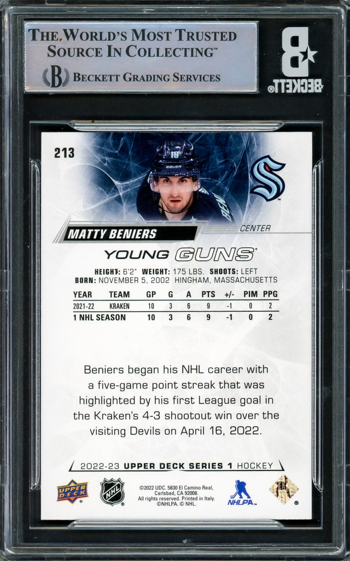 Matty Beniers Signed 2022 Upper Deck Young Guns RC #213 Seattle Kraken Beckett