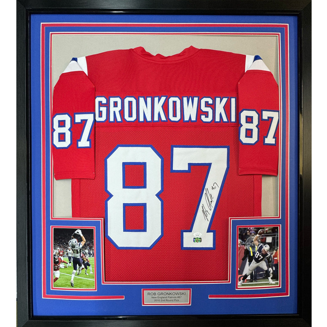 Framed Autographed/Signed Rob Gronk Gronkowski 35x39 NE Red Jersey JSA COA