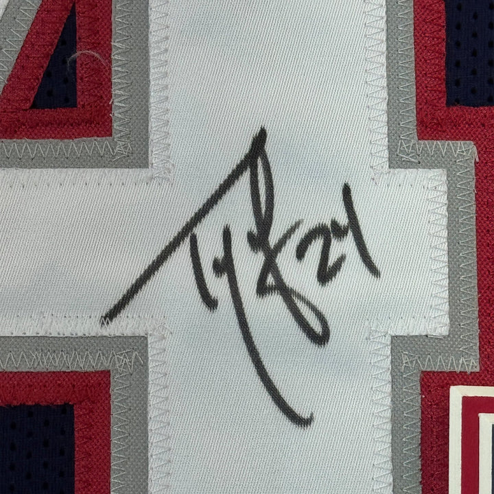 Framed Autographed/Signed Ty Law 35x39 New England Blue Jersey JSA COA