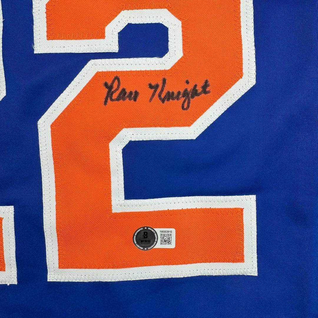 Framed Autographed/Signed Ray Knight 35x39 New York Blue Jersey BAS COA