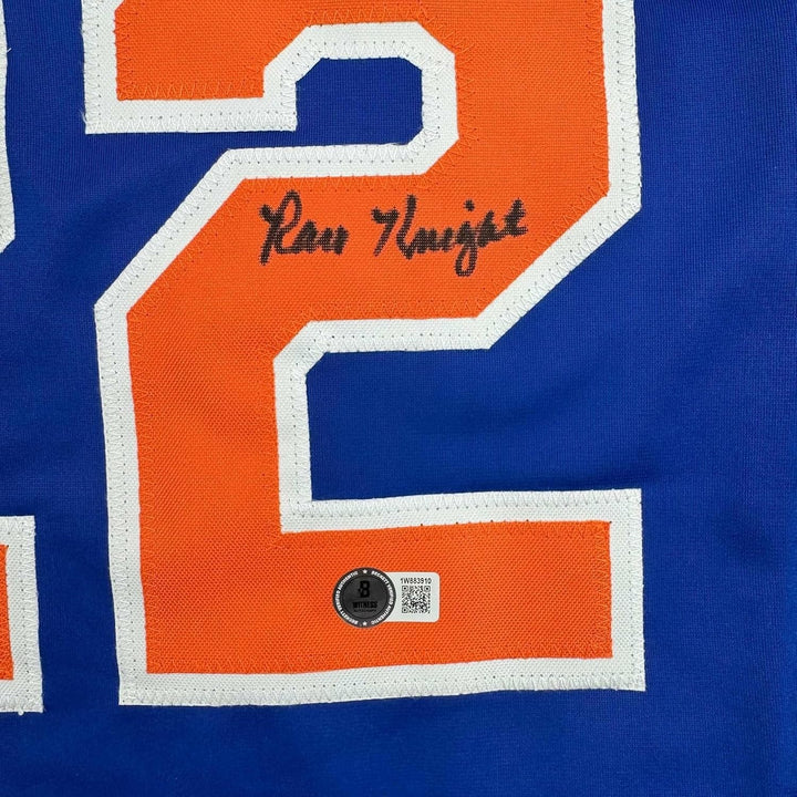 Framed Autographed/Signed Ray Knight 35x39 New York Blue Jersey BAS COA
