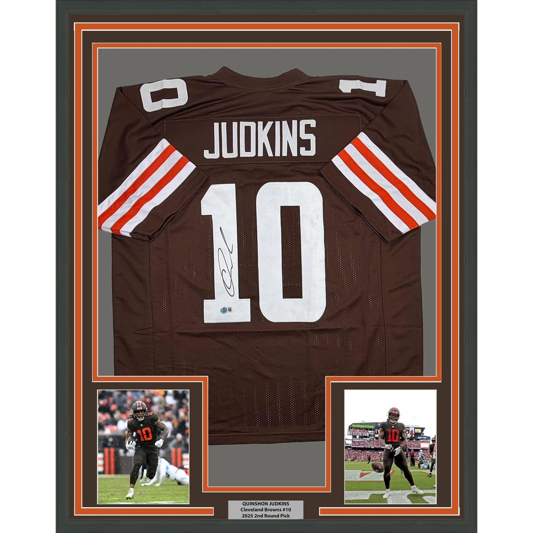 Framed Autographed/Signed Quinshon Judkins 35x39 Cleveland Brown Jersey COA