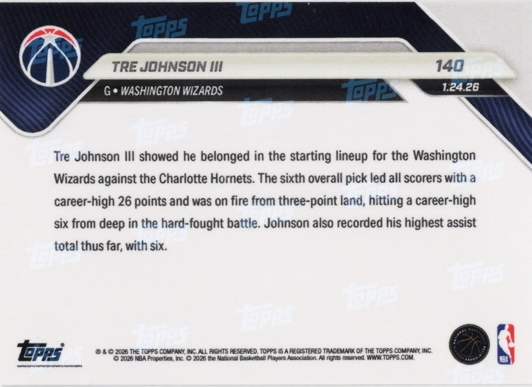 2025 Topps Now Tre Johnson #140 Gold Foil /50 Rookie RC Basketball Card